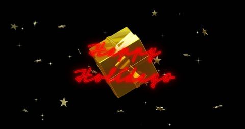 Happy holidays text with gift box and stars