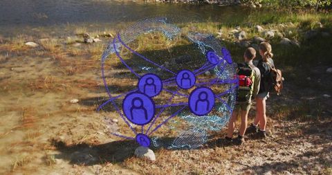 Hikers Analyzing Holographic Network Sphere by Riverbank