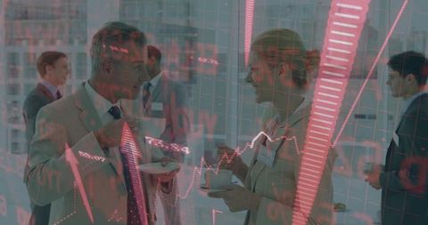 Executives Networking with Stock Market Overlay in Modern Business Lounge