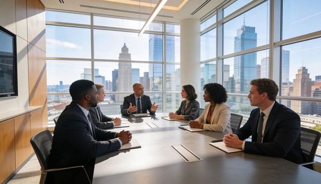 Executive Leadership Team Discussing Strategy in Modern Glass-Walled Boardroom