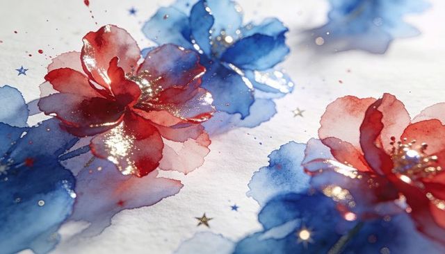 Gilded red and blue watercolor flowers with metallic gold flecks on textured paper