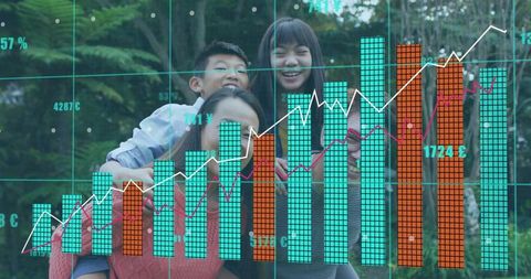Happy family in park with business data visualization overlay showing growth trends