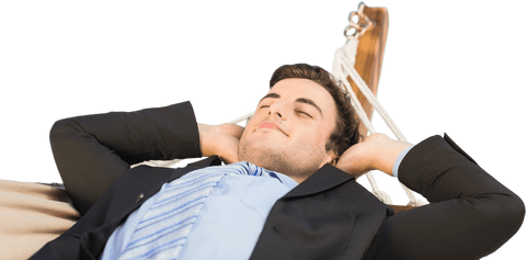 Relaxing businessman in hammock on transparent background