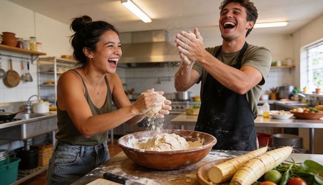 Couple laughing while kneading floury dough together in rustic kitchen, cooking teamwork