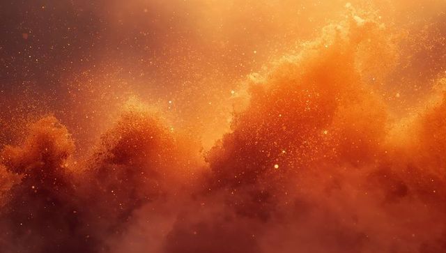 Fiery Amber Nebula Cloudscape with Glowing Particles, Powder Plume and Grainy Dust Texture