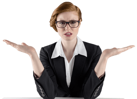 Transparent businesswoman making gestures in doubt or confusion