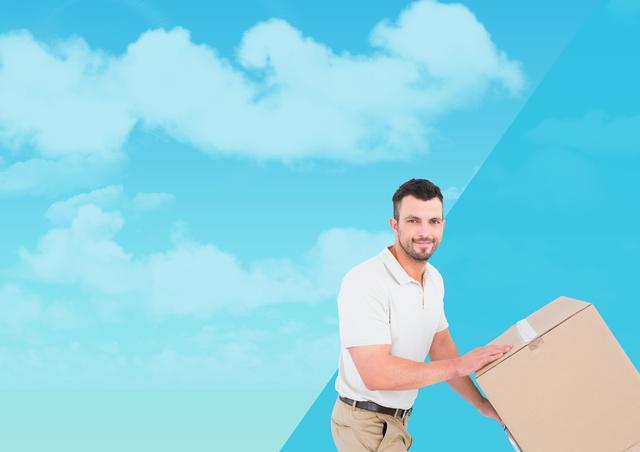 Digital composite image of delivery man holding cardboard box against cloud and sky background