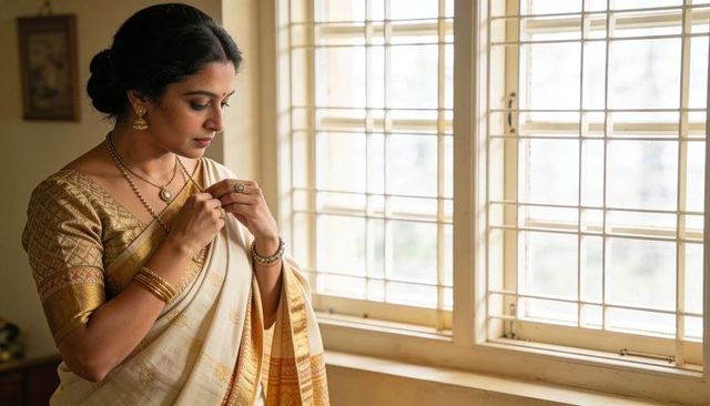 Elegant woman adjusting gold necklace while wearing cream saree beside sunlit window grille