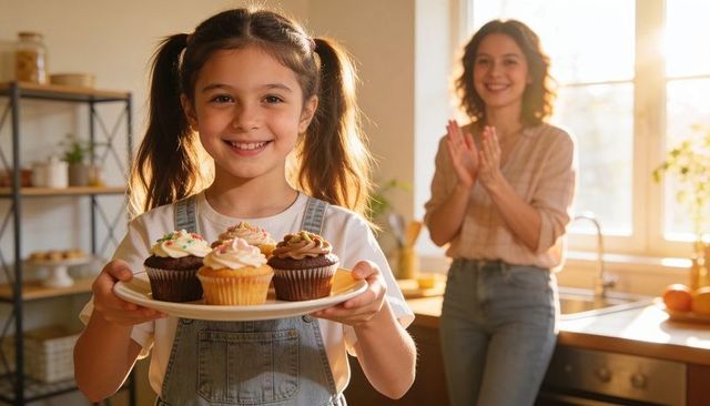 Smiling girl holding plate of decorated cupcakes in sunlit kitchen with applauding woman