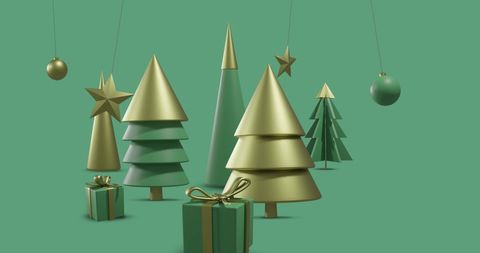 Stylized Christmas Trees and Ornaments on Green Background