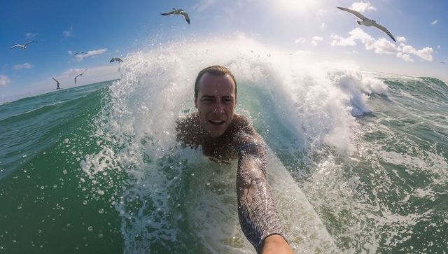 Male surfer riding through breaking wave with seagulls and sunlit ocean spray