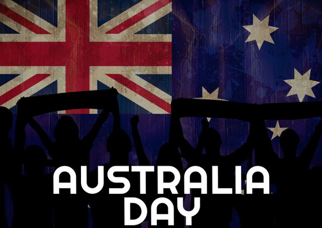 Highlights Australia Day spirit with the national flag in background and cheering crowd silhouettes in foreground. Useful for promoting Australia Day events, creating festive social media posts or illustrating patriotic articles and blog posts.