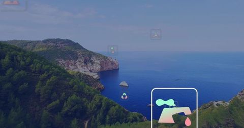 Coastal cliff with turquoise sea and eco faucet icon promoting water conservation