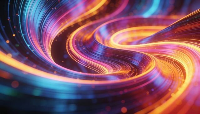 Flowing neon ribbons twisting in prismatic light trails with bokeh particles and glow