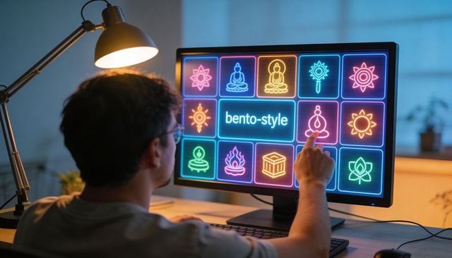 Man pointing at neon bento-style icon grid on desktop monitor, wearing eyeglasses, home workspace