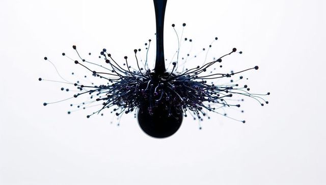 High-speed black liquid droplet forming radial bead-tipped filaments and glossy spherical splash