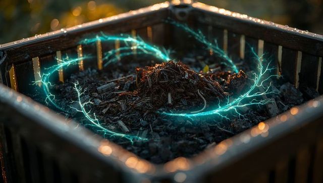 Glowing teal energy ring circling mulch pile in wooden garden crate with dew