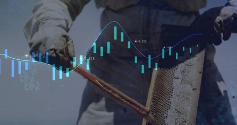 Beekeeper Scraping Honeycomb Frame Holding Hive Tool with Financial Data Overlay