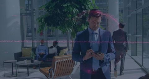 Businessman Exploring Data with Digital Global Interface in Modern Office