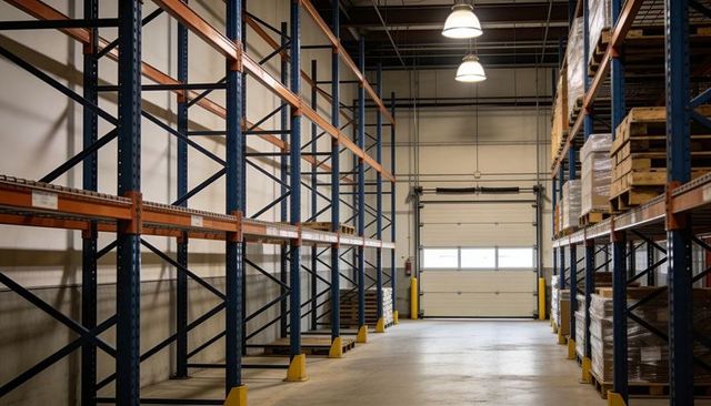 Empty industrial pallet racking aisle showing roll-up door and stacked pallets