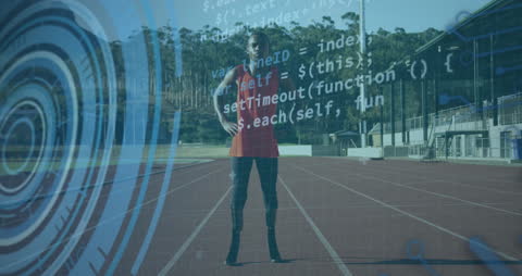 Athlete with Running Blade in Digital Futuristic Environment