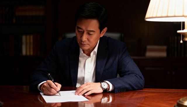 Asian executive writing contract at polished wooden desk in warm moody office
