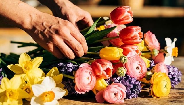 Hands arranging vibrant spring bouquet of tulips, daffodils and ranunculus on sunlit wood