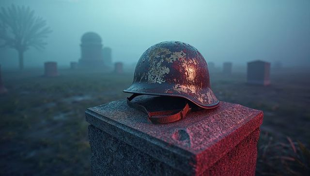 Weathered combat helmet on pedestal in foggy cemetery