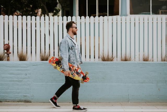 Hipster man is walking beside a white picket fence and pastel-colored wall, holding a colorful skateboard. This image can be used in promotional materials for urban lifestyle brands, fashion blogs, or social media content focusing on trendy, modern aesthetics and youth culture.