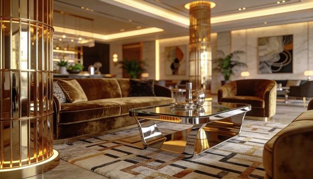 Opulent lobby showcasing chrome glass coffee table with gold velvet sofas and marble accents