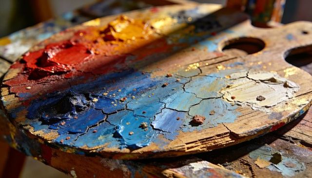 Cracked wooden artist palette with impasto paints, gold flakes and vivid color texture