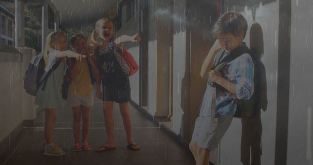 Composite image of rainfall and thunderstorms against group of students bullying a boy at school. school and education concept