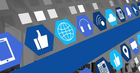 Social Media Icons Overlaying Modern Office Environment - Download Free Stock Images Pikwizard.com