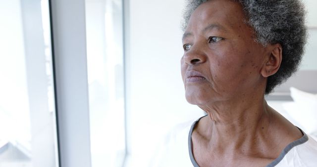 Thoughtful Senior Woman Looking Out Window in Brightly Lit Room - Download Free Stock Images Pikwizard.com