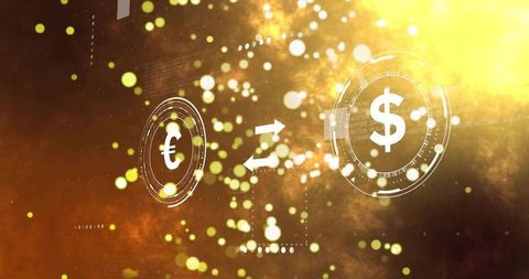 Floating Euro to Dollar Exchange Hologram in Amber-Gold Nebula HUD Neon Finance