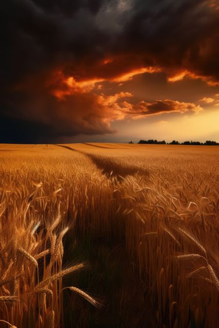 General scenery of wheat fields with stormy clouds, created using generative ai technology. Countryside, agriculture and landscape concept digitally generated image.