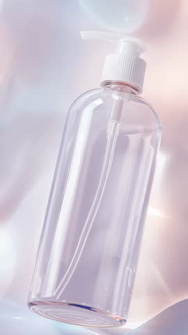 Rotating Clear Pump Bottle Floating in Soft Pastel Backdrop for Cosmetic Brand Reel