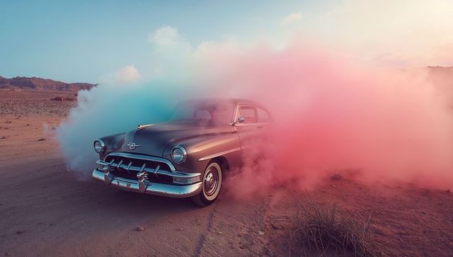 Cinematic classic 1950s sedan with whitewall tires emerging from cyan and pink smoke on desert road