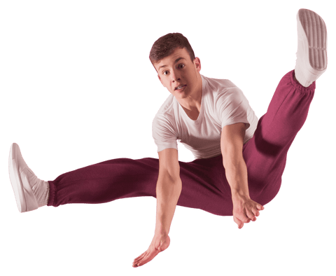 Energetic caucasian teenager jumping on transparent background