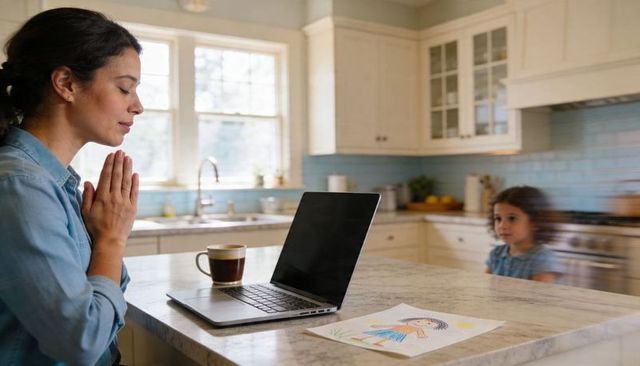 Calm working mother meditating during home office break at kitchen island with laptop