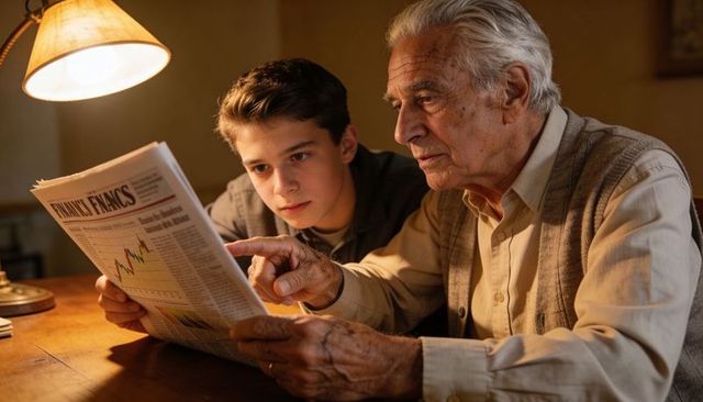 Grandfather teaching grandson finance reading at cozy wooden table under warm lamp light
