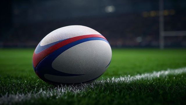 Rugby ball resting on stadium grass with floodlights and goalposts