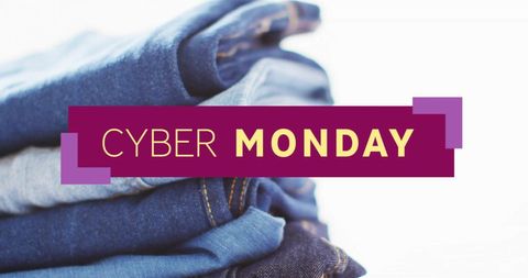 Cyber Monday Promotion Over Stack of Denim Jeans
