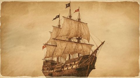 Vintage pirate ship on calm seas with flying pirate flags