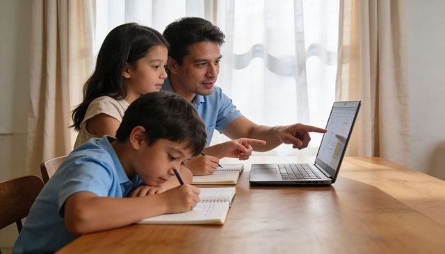Father guiding children with laptop and notebooks during focused home learning session