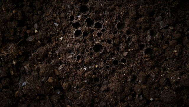 Macro closeup revealing dark soil with clustered circular burrows and pebble texture