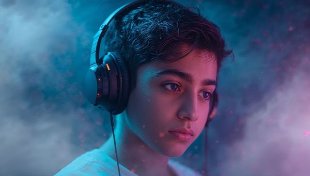 Teen Boy Immersed in Music with Headphones in Dreamy Atmosphere