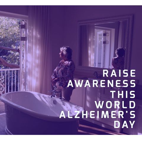 Senior woman in bathroom with world alzheimer's day message