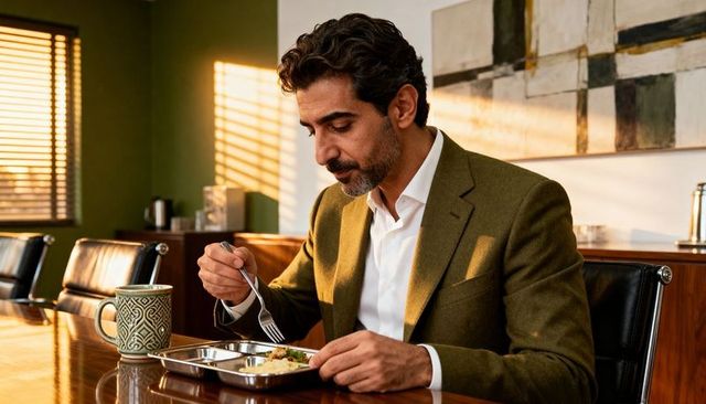 Businessman eating lunch at boardroom table wearing olive blazer and white shirt