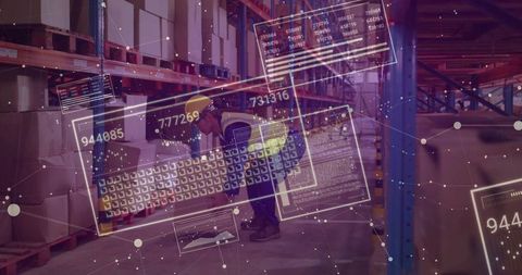 Warehouse worker inspecting boxes with augmented reality HUD for inventory tracking